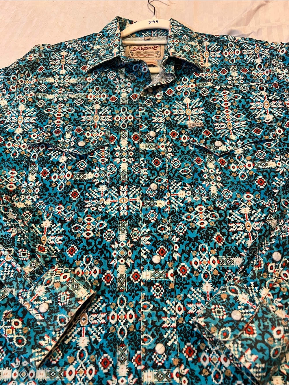 RAFTER C Casual Men's Button-Down Shirt in Teal Geometric Print